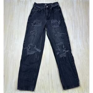 UO BDG High Rise Baggy Black Dark Wash Distressed 100% Cotton Denim Jeans 27